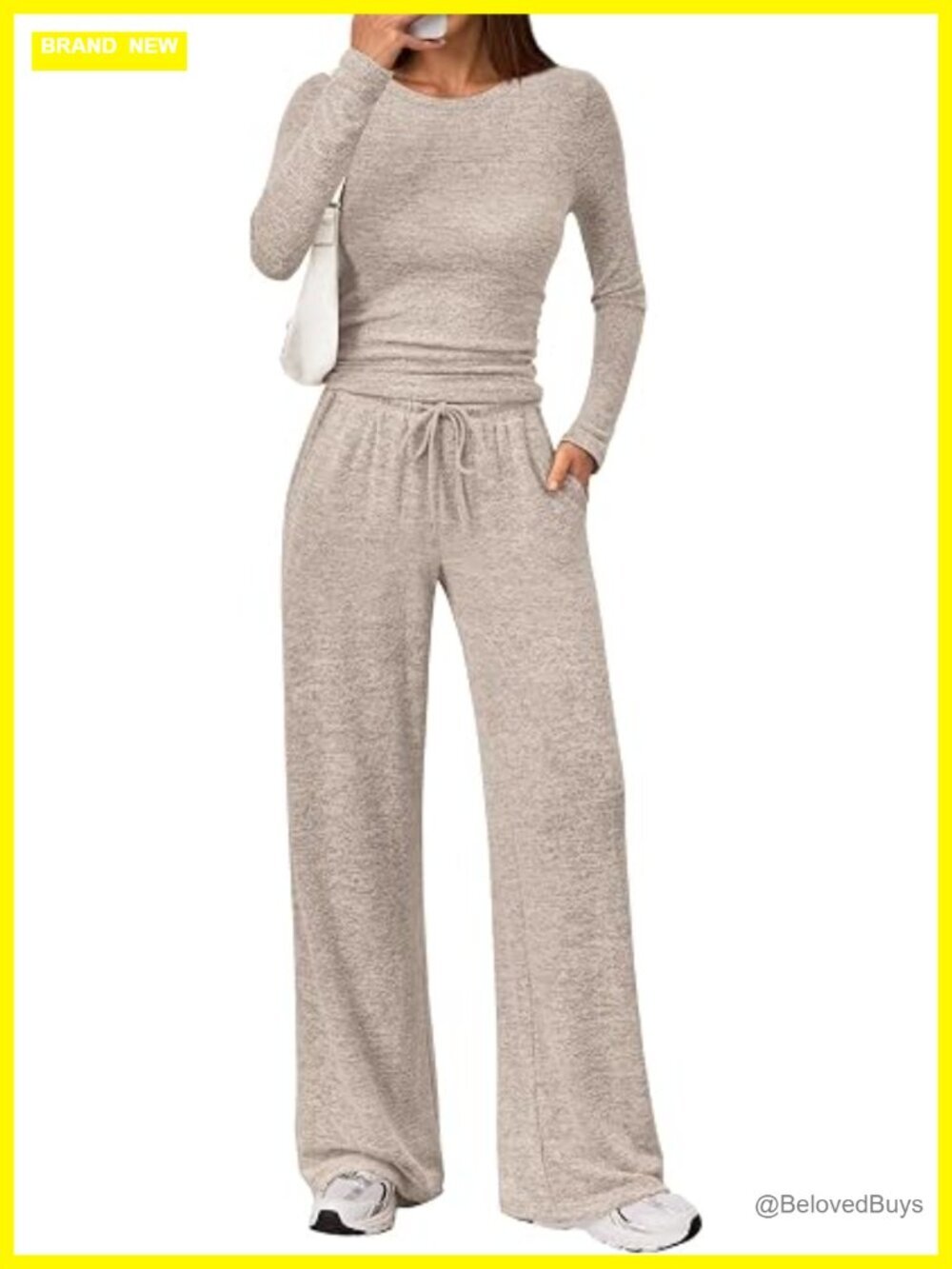 2 Piece Lounge Set Knit Long Sleeve Crewneck Top Wide Leg Pants Travel Outfit